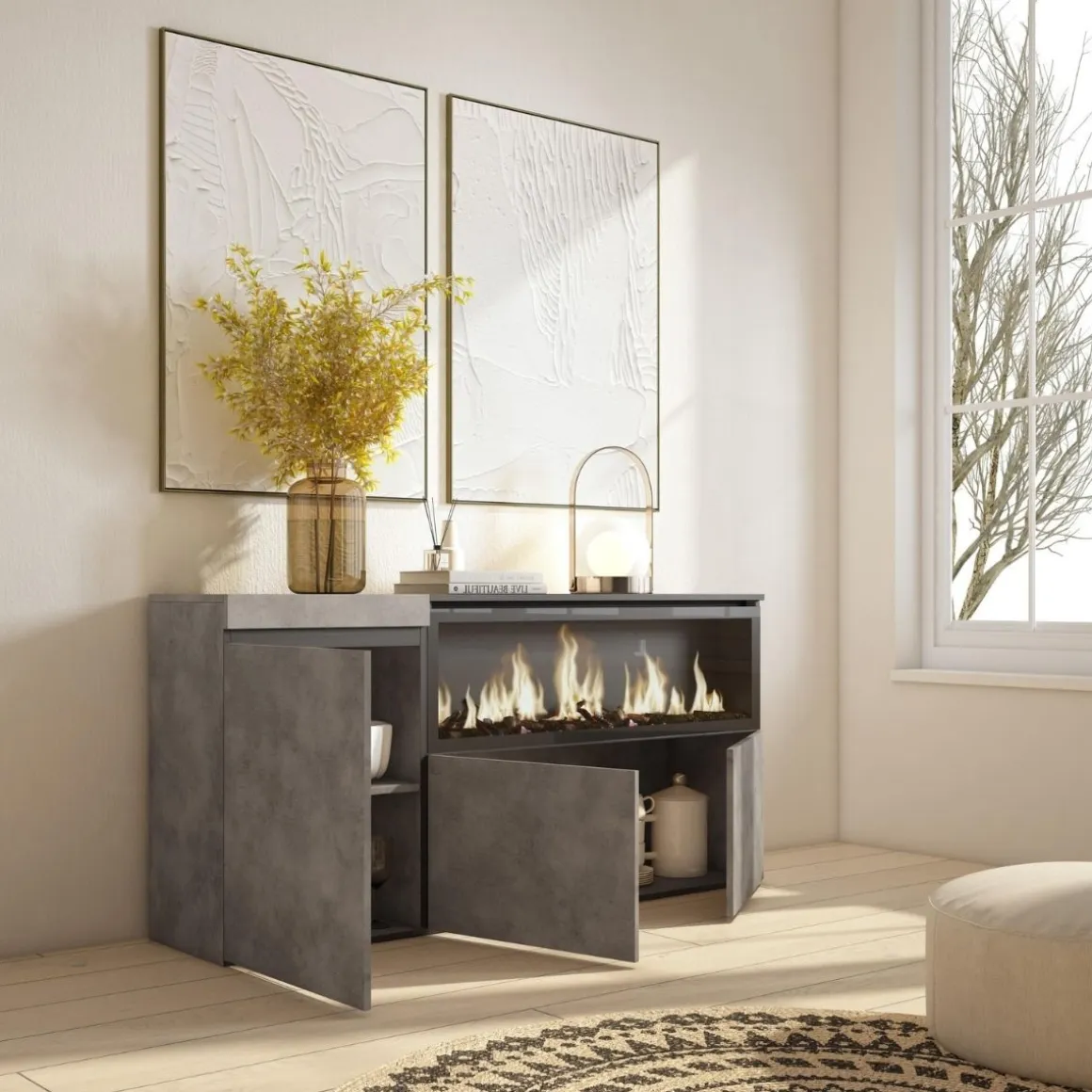 Aparador Kroma 3 puertas con chimenea derecha 75x157,7x34,6 cm