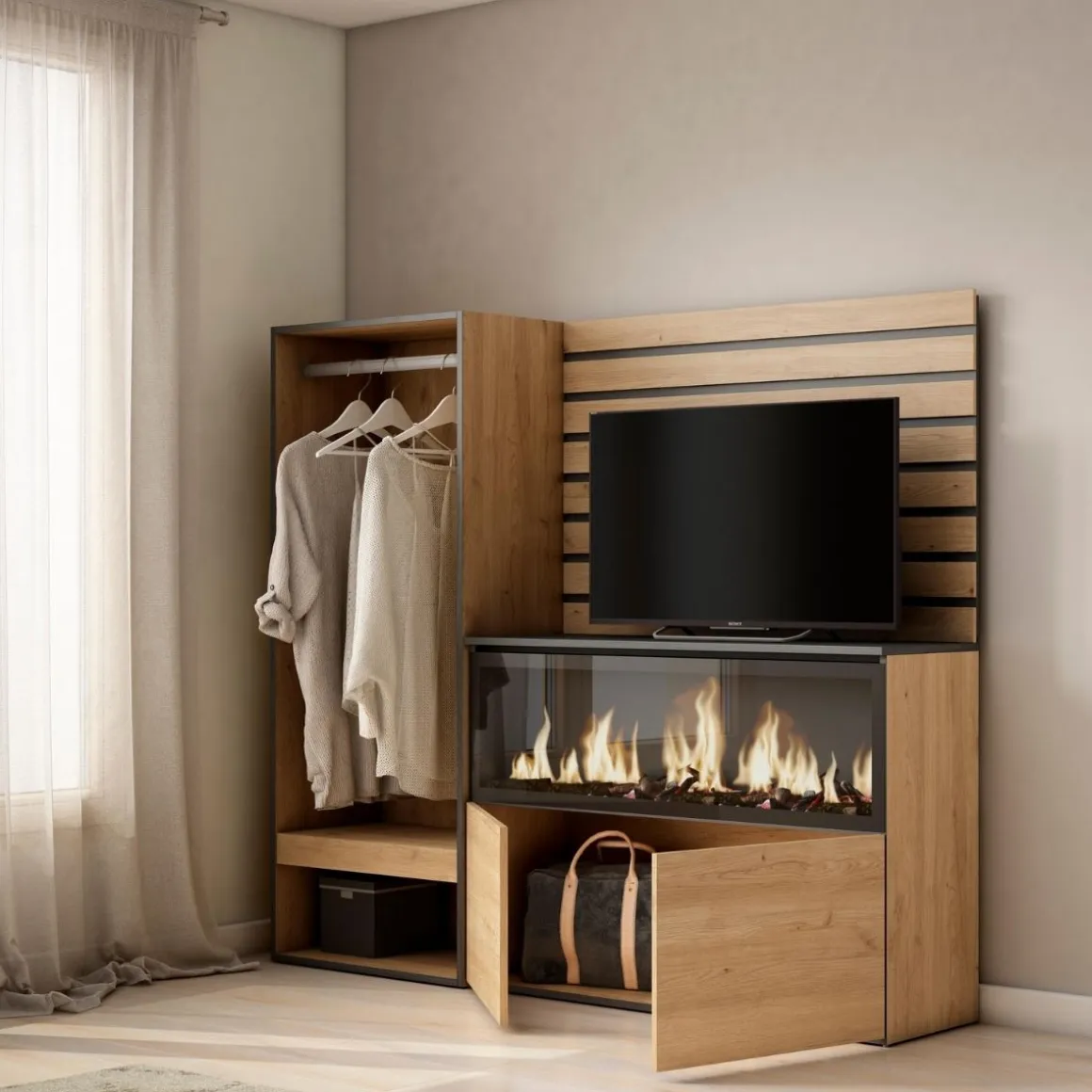 Aparador Kroma con barra dos puertas y chimenea derecha 145x167,2x35 cm