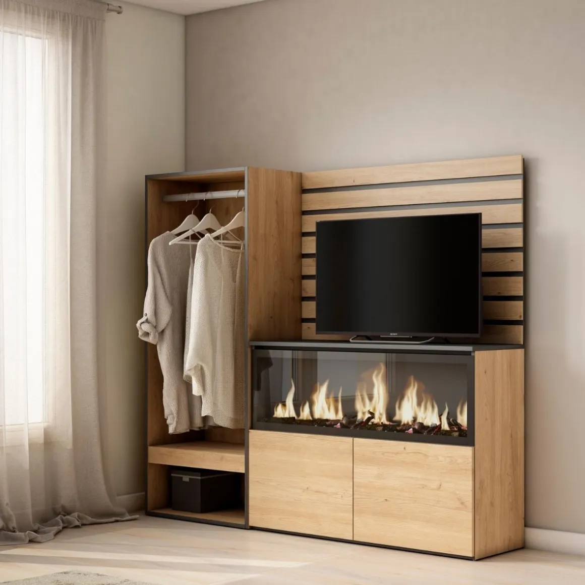 Aparador Kroma con barra dos puertas y chimenea derecha 145x167,2x35 cm