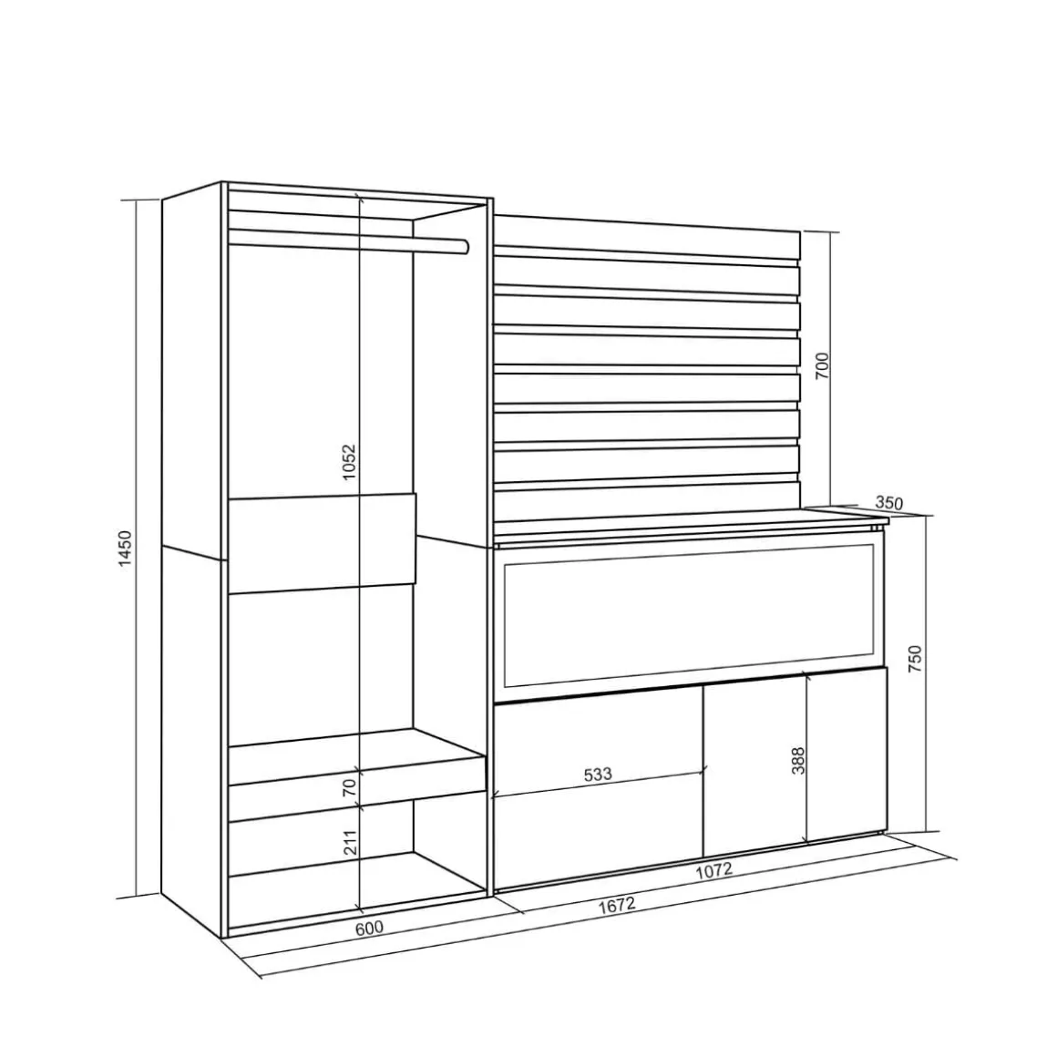 Aparador Kroma con barra dos puertas y chimenea derecha 145x167,2x35 cm