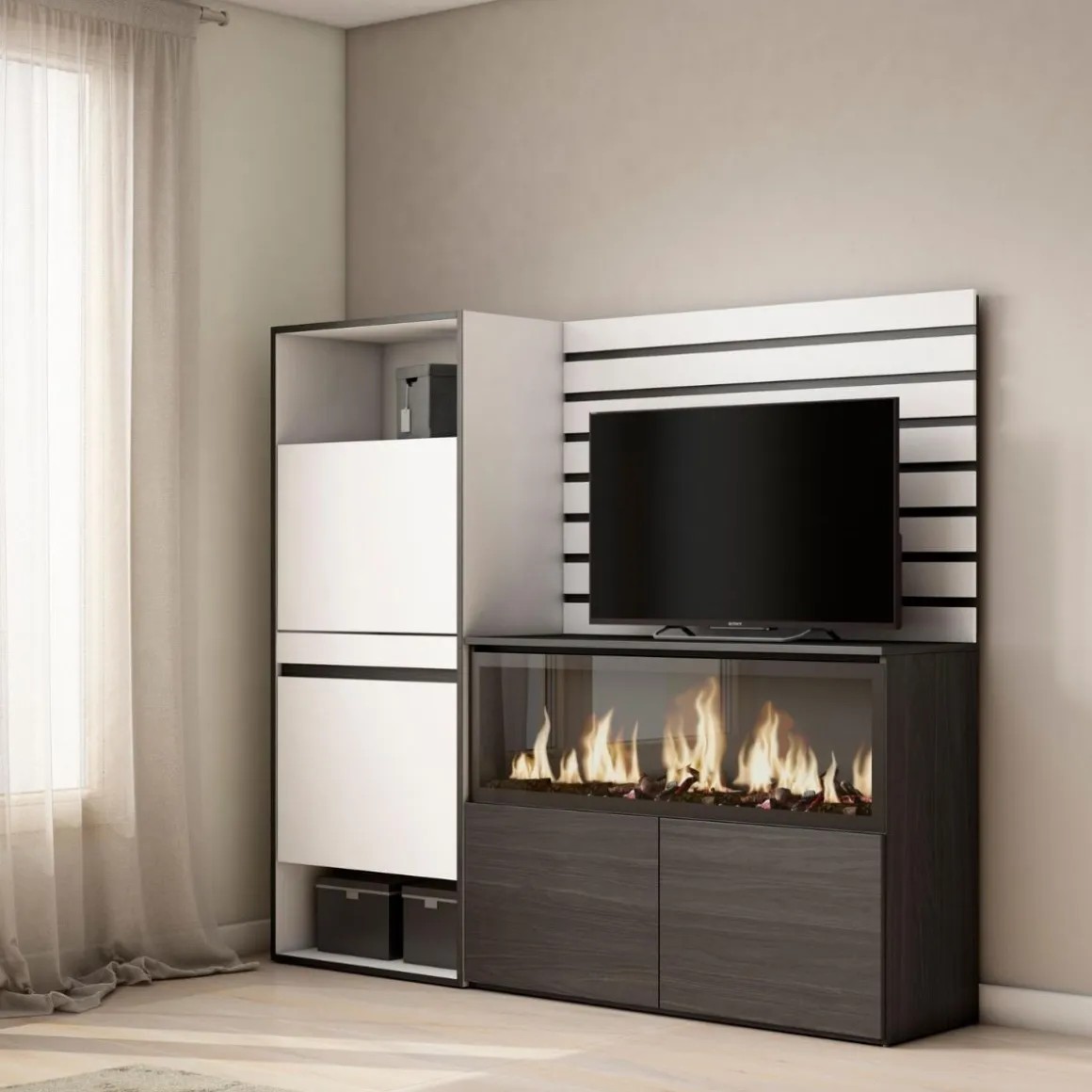 Aparador Kroma con zapatero y chimenea derecha blanco 145x167,2x35 cm