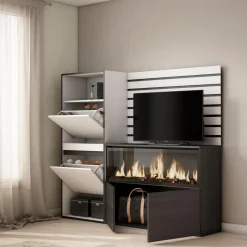 Aparador Kroma con zapatero y chimenea derecha blanco 145x167,2x35 cm