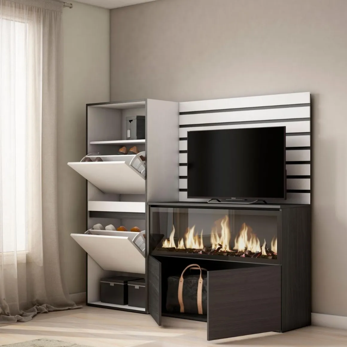 Aparador Kroma con zapatero y chimenea derecha blanco 145x167,2x35 cm