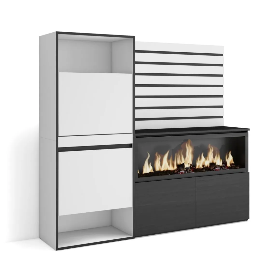 Aparador Kroma con zapatero y chimenea derecha blanco 145x167,2x35 cm