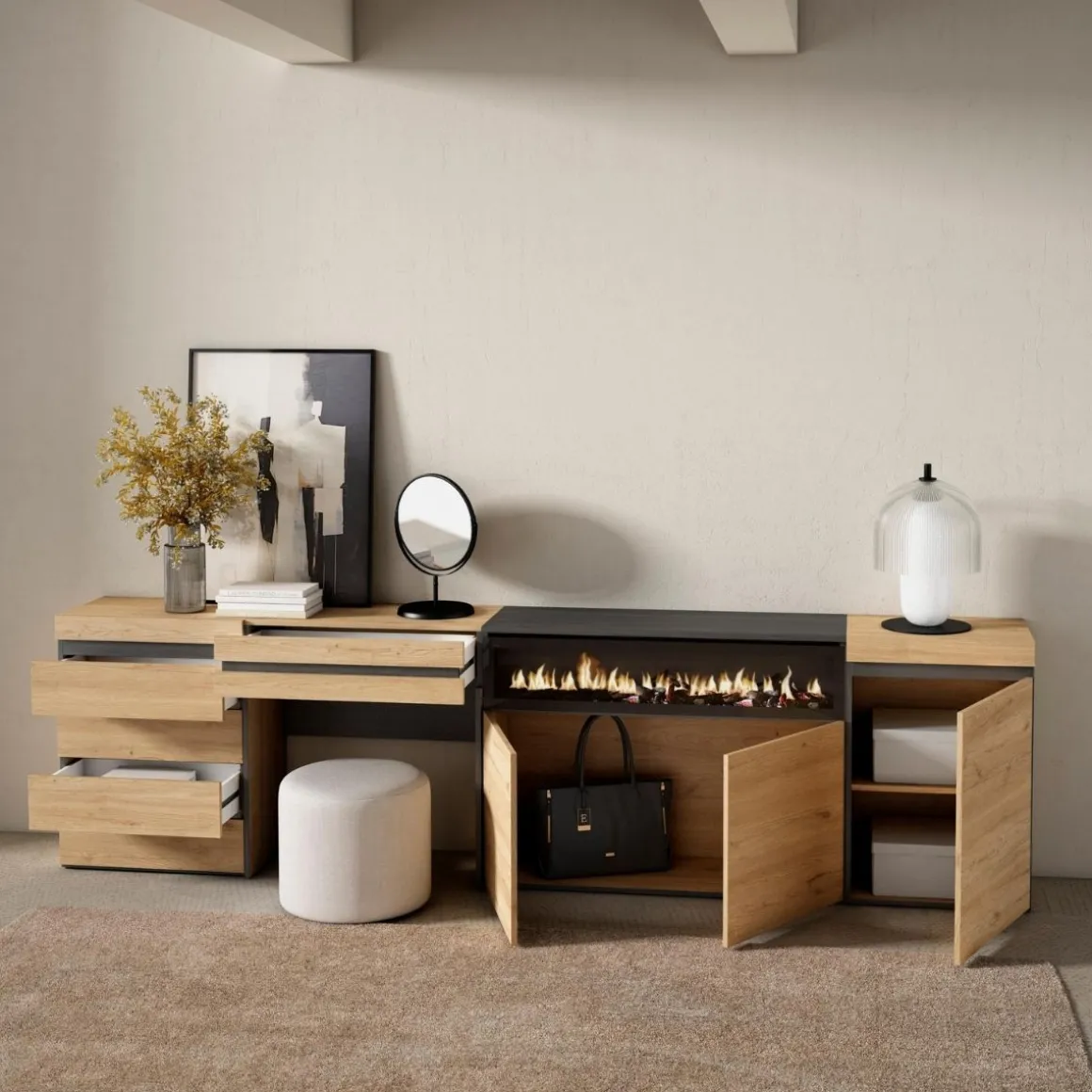 Aparador Kroma tocador con chimenea y armario natural 75x279,1x35 cm