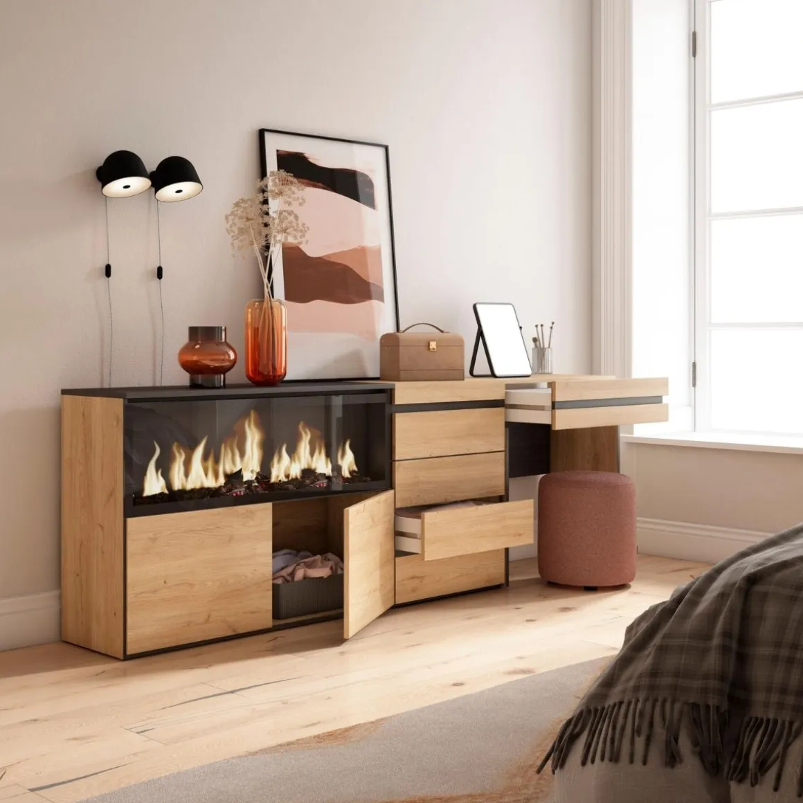 Aparador Kroma tocador con chimenea izquierda 75x223,9x35 cm