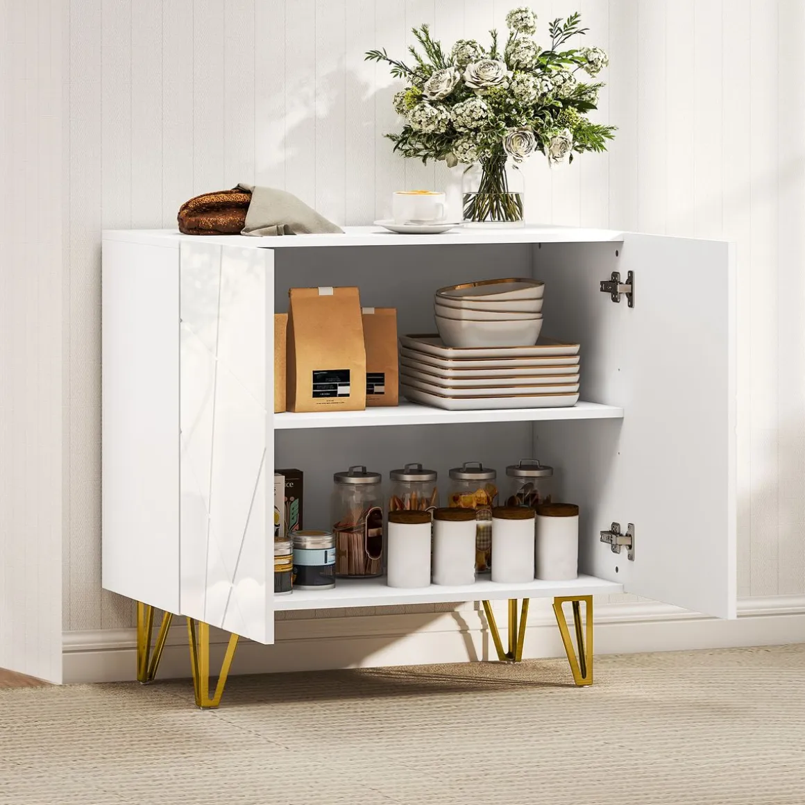 Aparador Kumi Homcom 2 puertas blanco brillo 75x80x40 cm