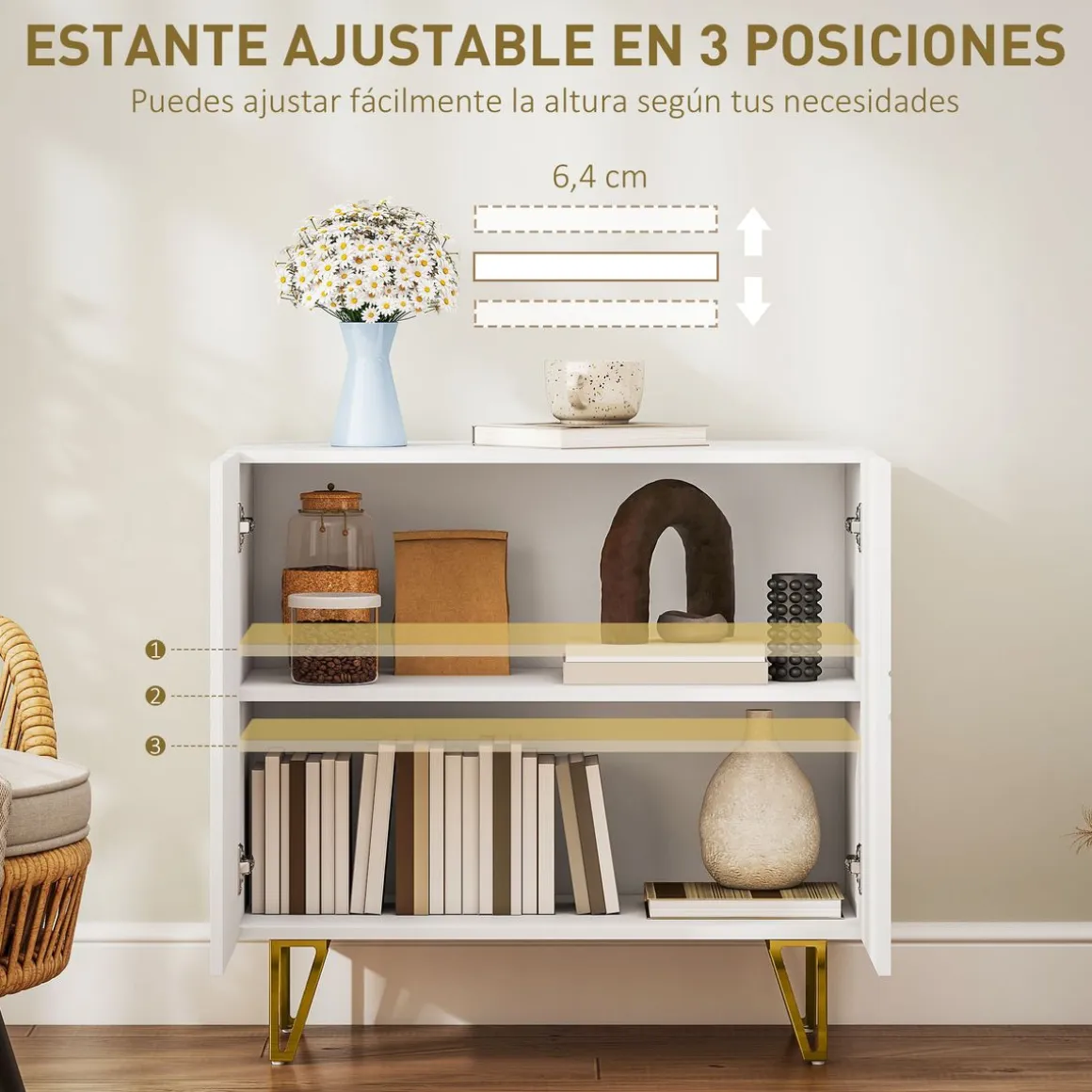 Aparador Kumi Homcom 2 puertas blanco brillo 75x80x40 cm