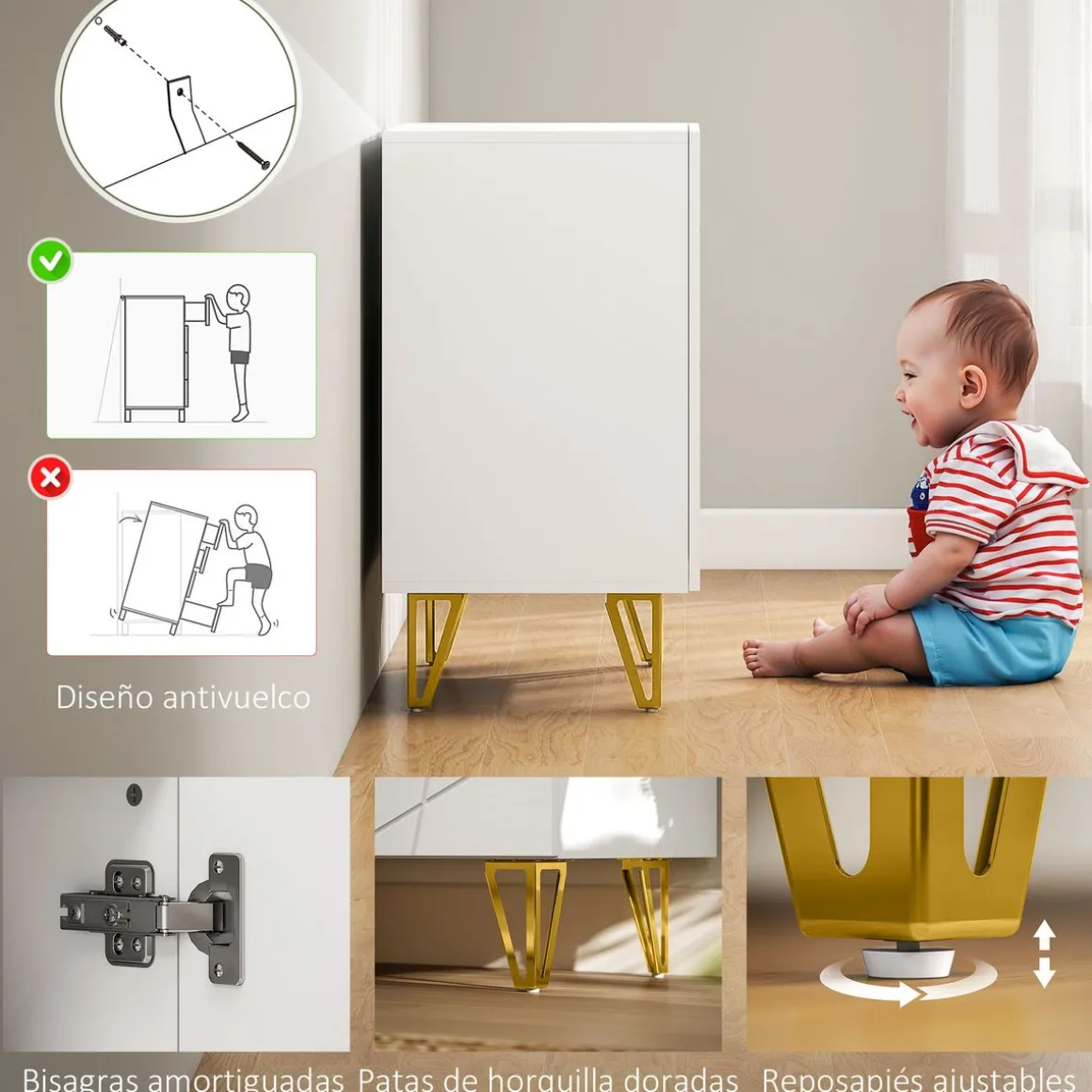 Aparador Kumi Homcom 2 puertas blanco brillo 75x80x40 cm
