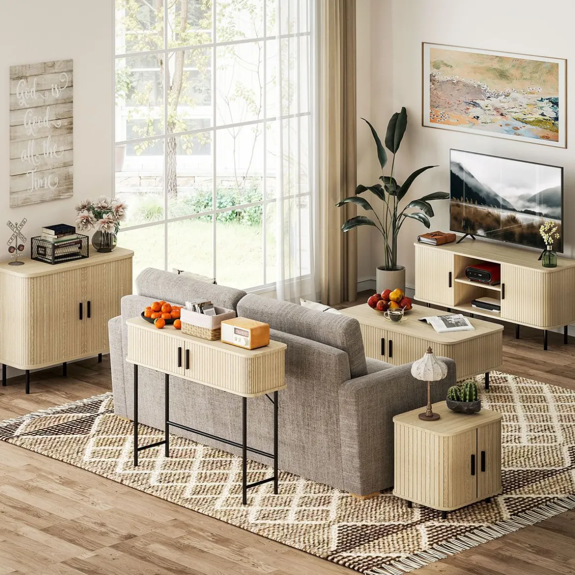 Aparador Latvia Homcom puertas correderas + 5 patas natural 75x90x40 cm