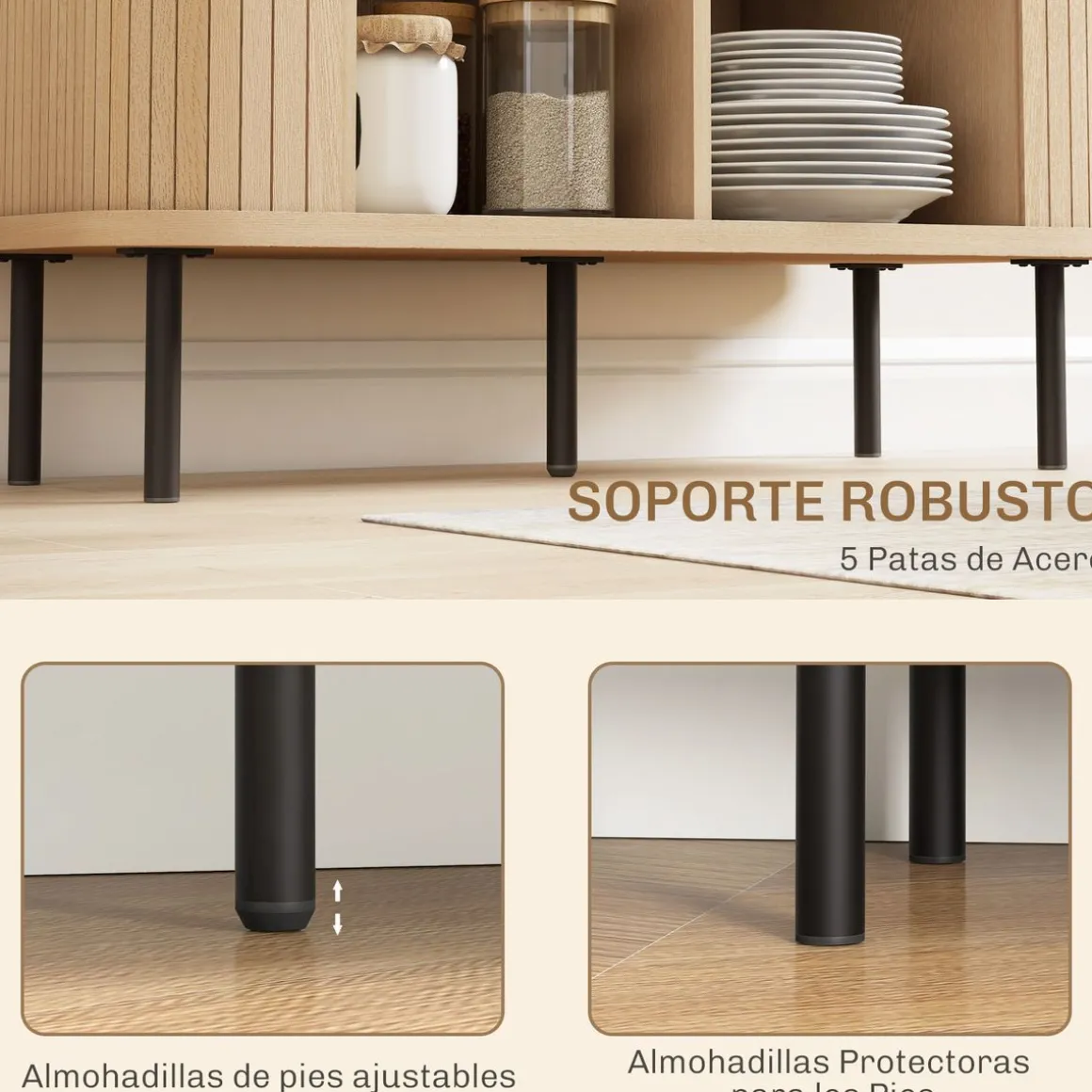 Aparador Latvia Homcom puertas correderas + 5 patas natural 75x90x40 cm