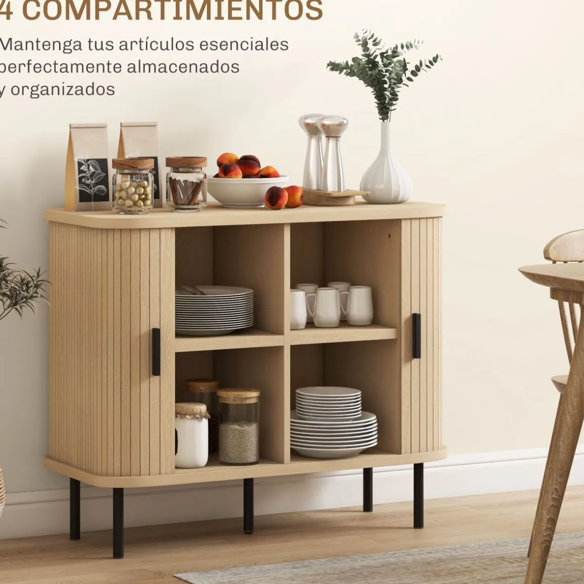 Aparador Latvia Homcom puertas correderas + 5 patas natural 75x90x40 cm