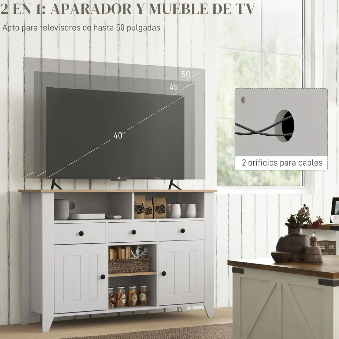 Aparador Leivha Homcom 4 compartimentos + 3 cajones + 2 armarios blanco 81,5x120x38 cm