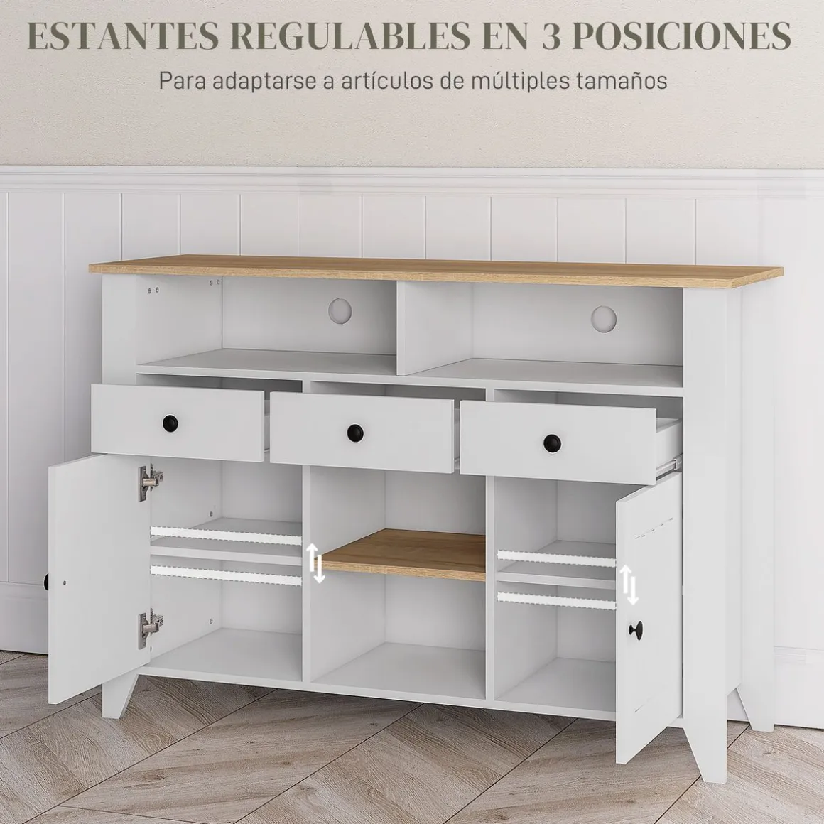 Aparador Leivha Homcom 4 compartimentos + 3 cajones + 2 armarios blanco 81,5x120x38 cm