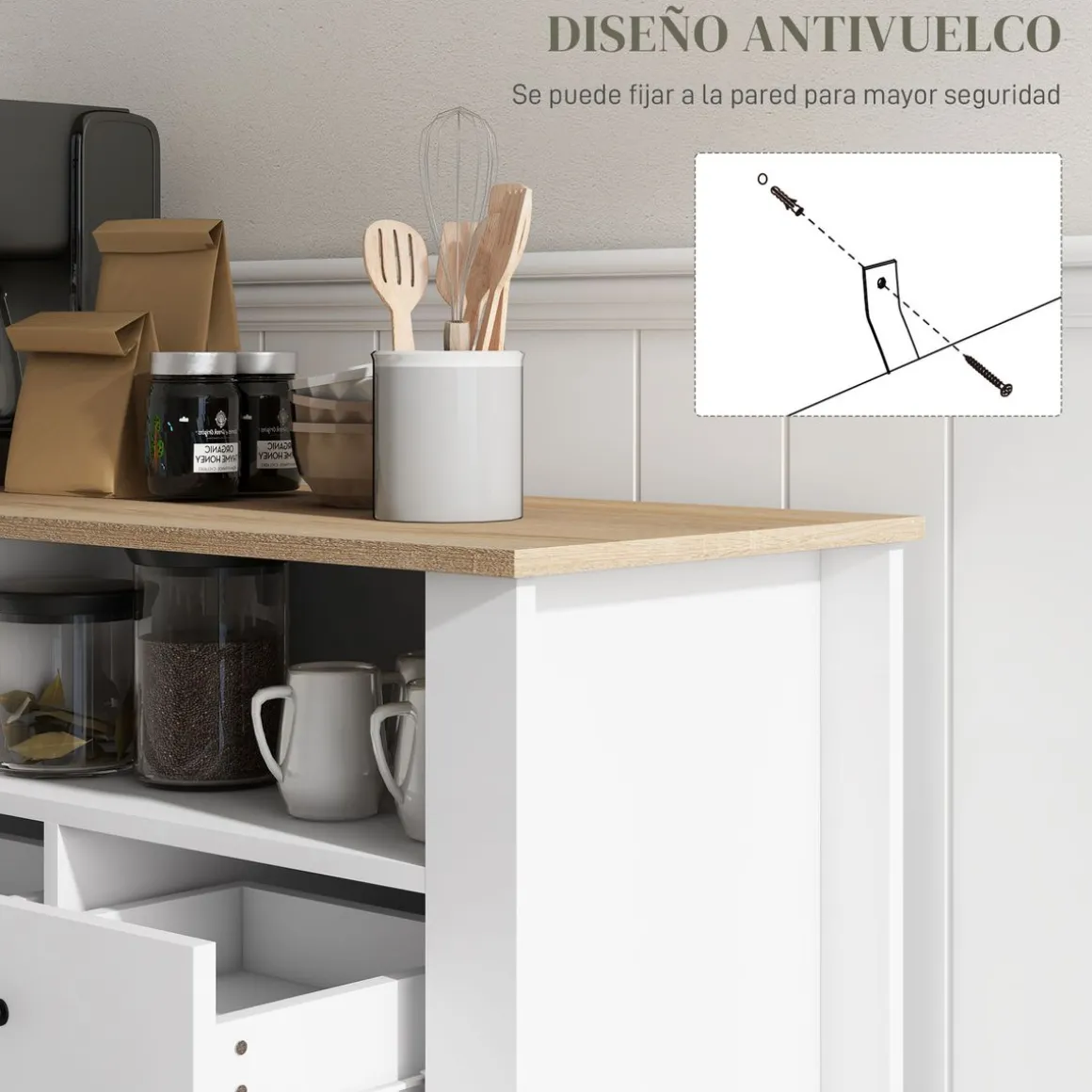 Aparador Leivha Homcom 4 compartimentos + 3 cajones + 2 armarios blanco 81,5x120x38 cm