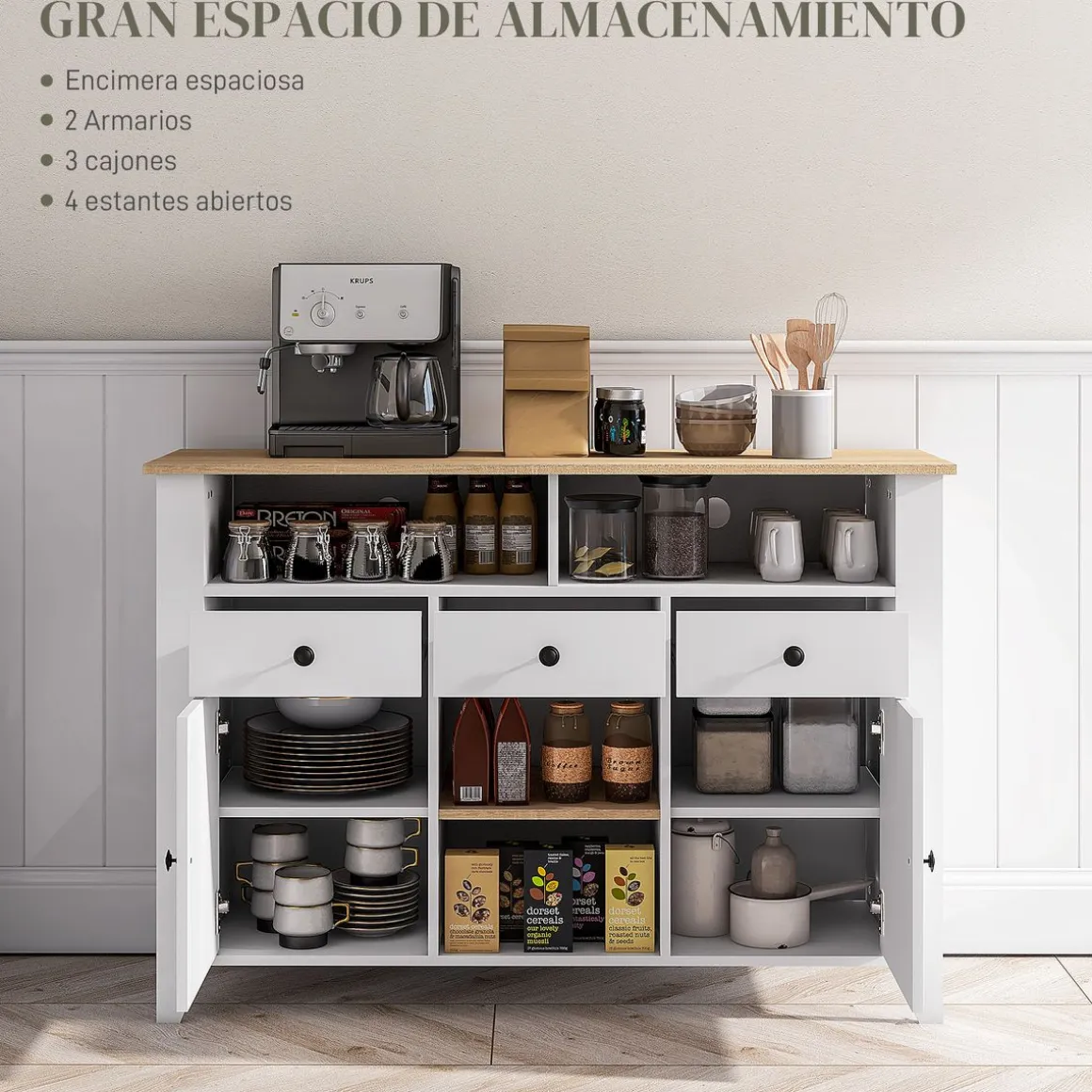 Aparador Leivha Homcom 4 compartimentos + 3 cajones + 2 armarios blanco 81,5x120x38 cm