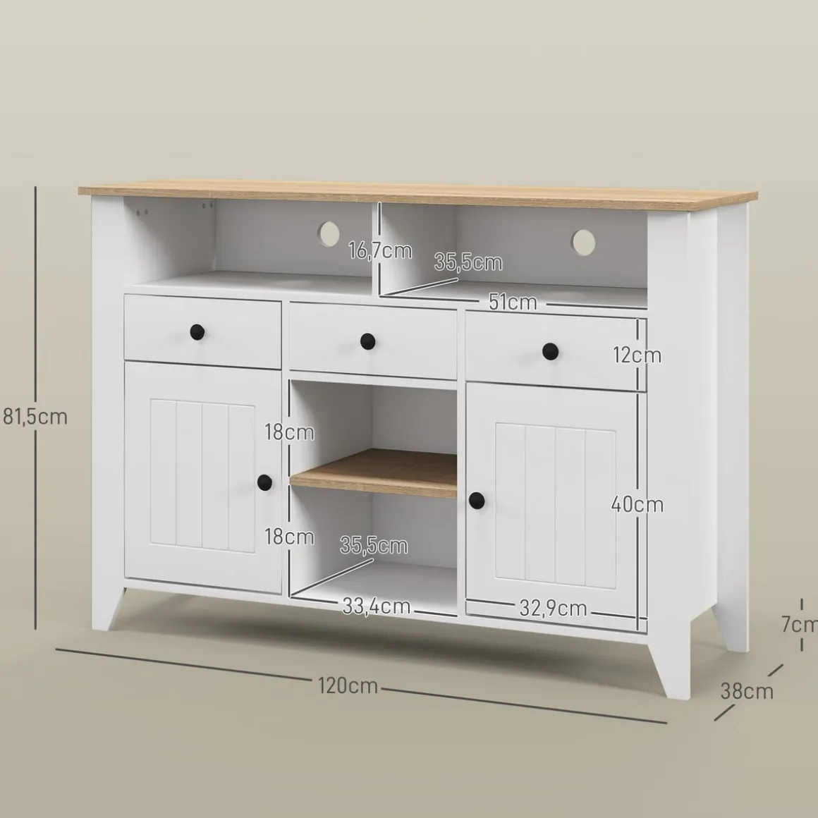 Aparador Leivha Homcom 4 compartimentos + 3 cajones + 2 armarios blanco 81,5x120x38 cm