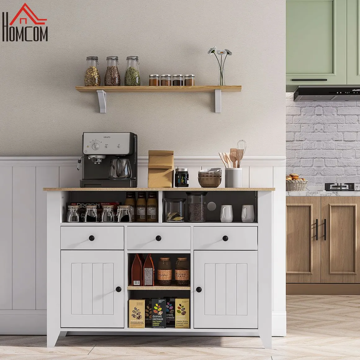 Aparador Leivha Homcom 4 compartimentos + 3 cajones + 2 armarios blanco 81,5x120x38 cm