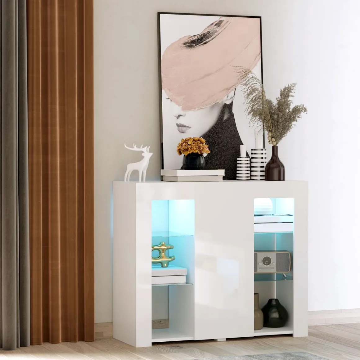 Aparador Lummen Homcom 6 estantes + puerta + luces LED blanco brillo 83x97x35 cm