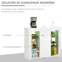 Aparador Lummen Homcom 6 estantes + puerta + luces LED blanco brillo 83x97x35 cm