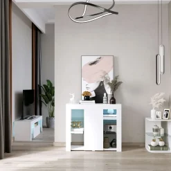 Aparador Lummen Homcom 6 estantes + puerta + luces LED blanco brillo 83x97x35 cm