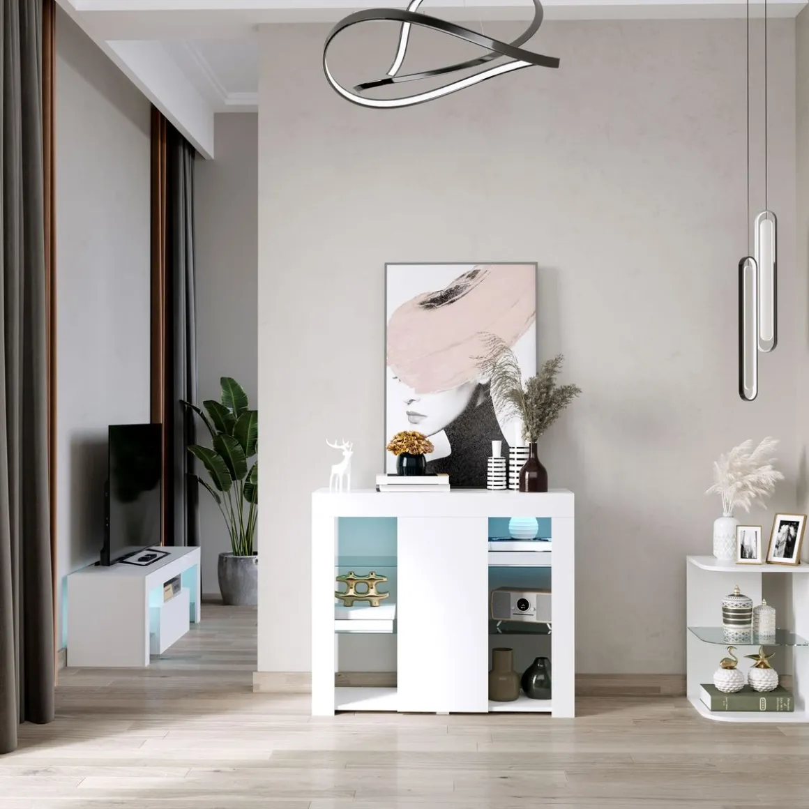 Aparador Lummen Homcom 6 estantes + puerta + luces LED blanco brillo 83x97x35 cm