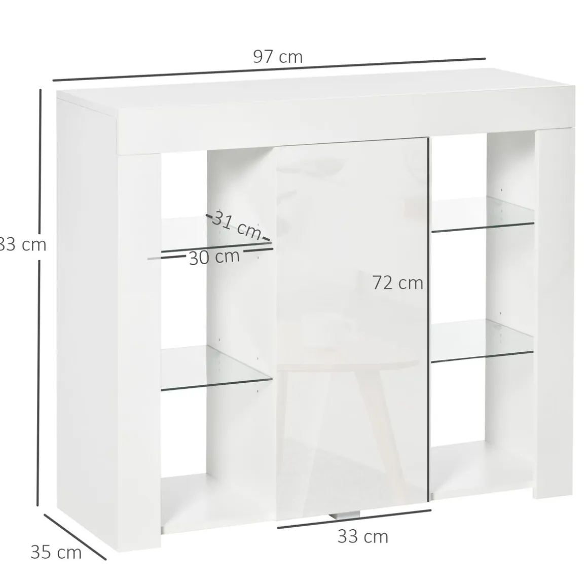 Aparador Lummen Homcom 6 estantes + puerta + luces LED blanco brillo 83x97x35 cm