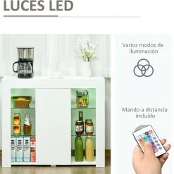 Aparador Lummen Homcom 6 estantes + puerta + luces LED blanco brillo 83x97x35 cm