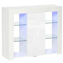 Aparador Lummen Homcom 6 estantes + puerta + luces LED blanco brillo 83x97x35 cm