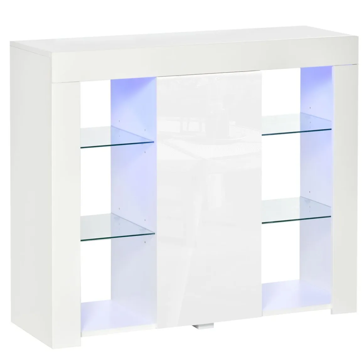 Aparador Lummen Homcom 6 estantes + puerta + luces LED blanco brillo 83x97x35 cm