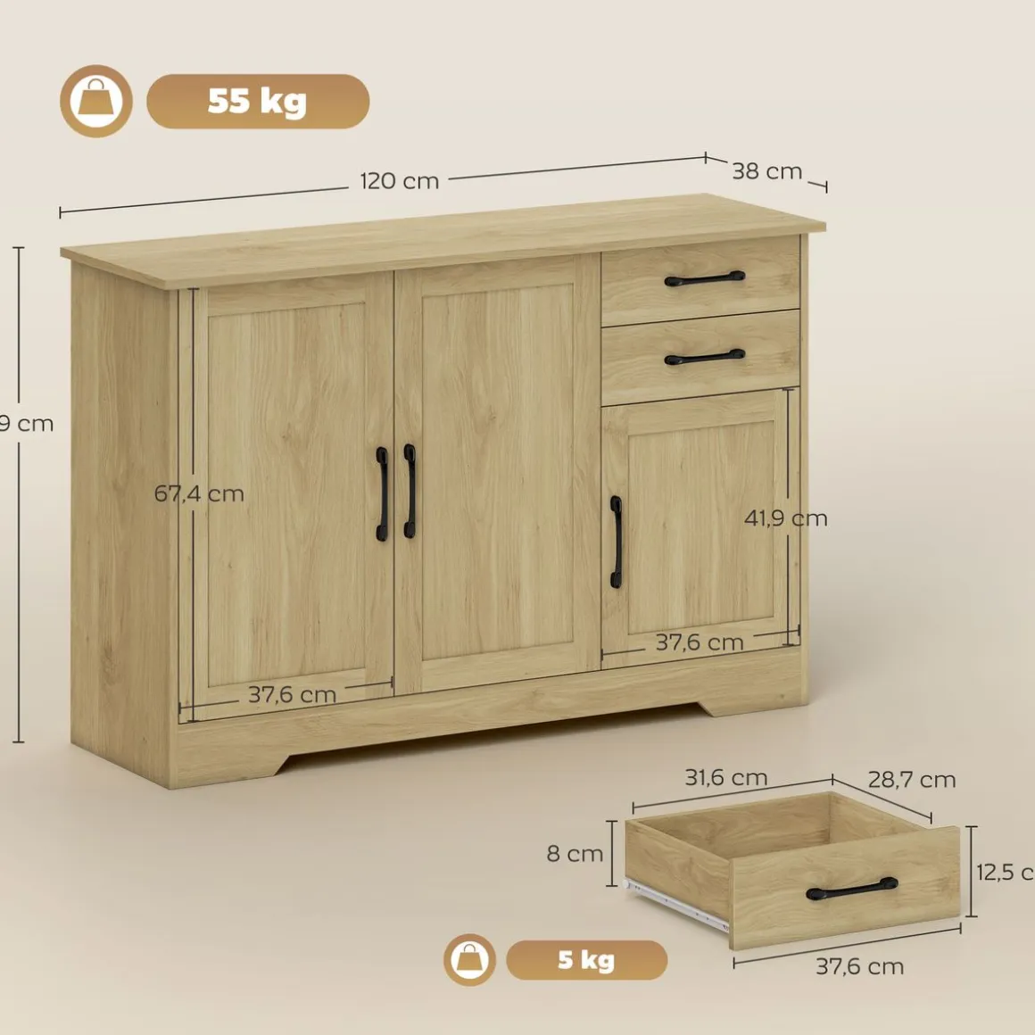 Aparador Luna Homcom 3 puertas + 2 cajones natural 79x120x38 cm