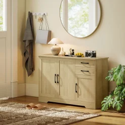 Aparador Luna Homcom 3 puertas + 2 cajones natural 79x120x38 cm