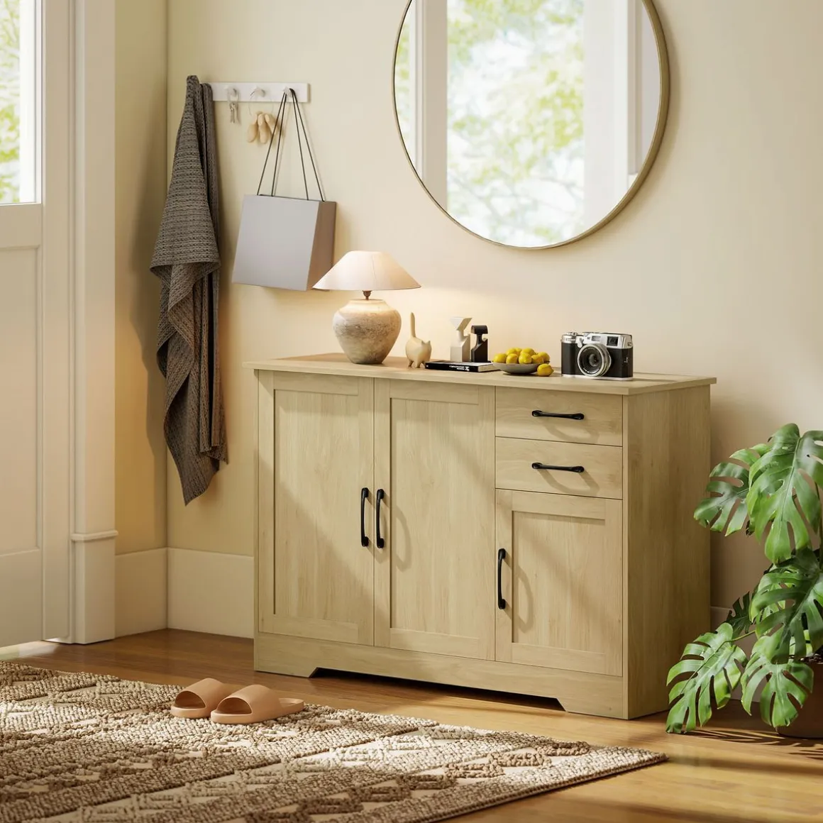 Aparador Luna Homcom 3 puertas + 2 cajones natural 79x120x38 cm