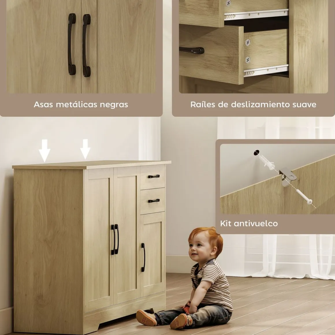 Aparador Luna Homcom 3 puertas + 2 cajones natural 79x120x38 cm