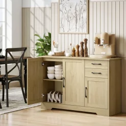 Aparador Luna Homcom 3 puertas + 2 cajones natural 79x120x38 cm