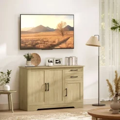 Aparador Luna Homcom 3 puertas + 2 cajones natural 79x120x38 cm