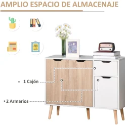 Aparador Mark Homcom 2 armarios + cajón blanco/natural 72x90x30 cm