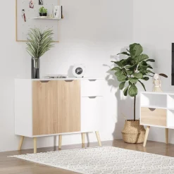 Aparador Mark Homcom 2 armarios + cajón blanco/natural 72x90x30 cm