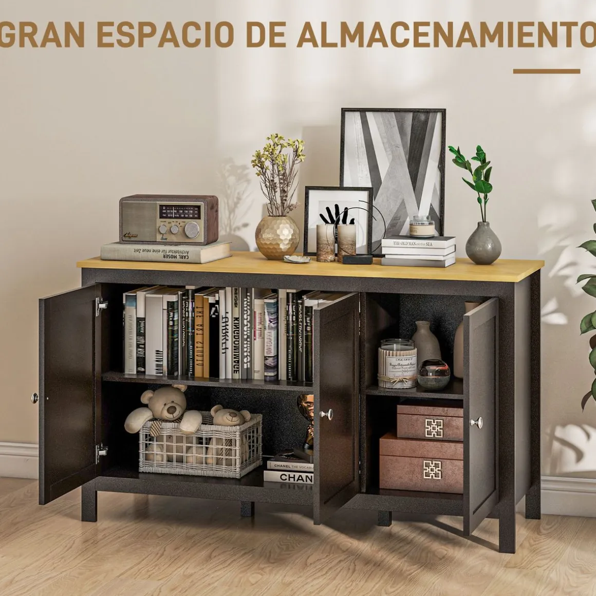 Aparador Montreau Homcom 3 puertas con estantes ajustables negro/natural 70x120x40 cm