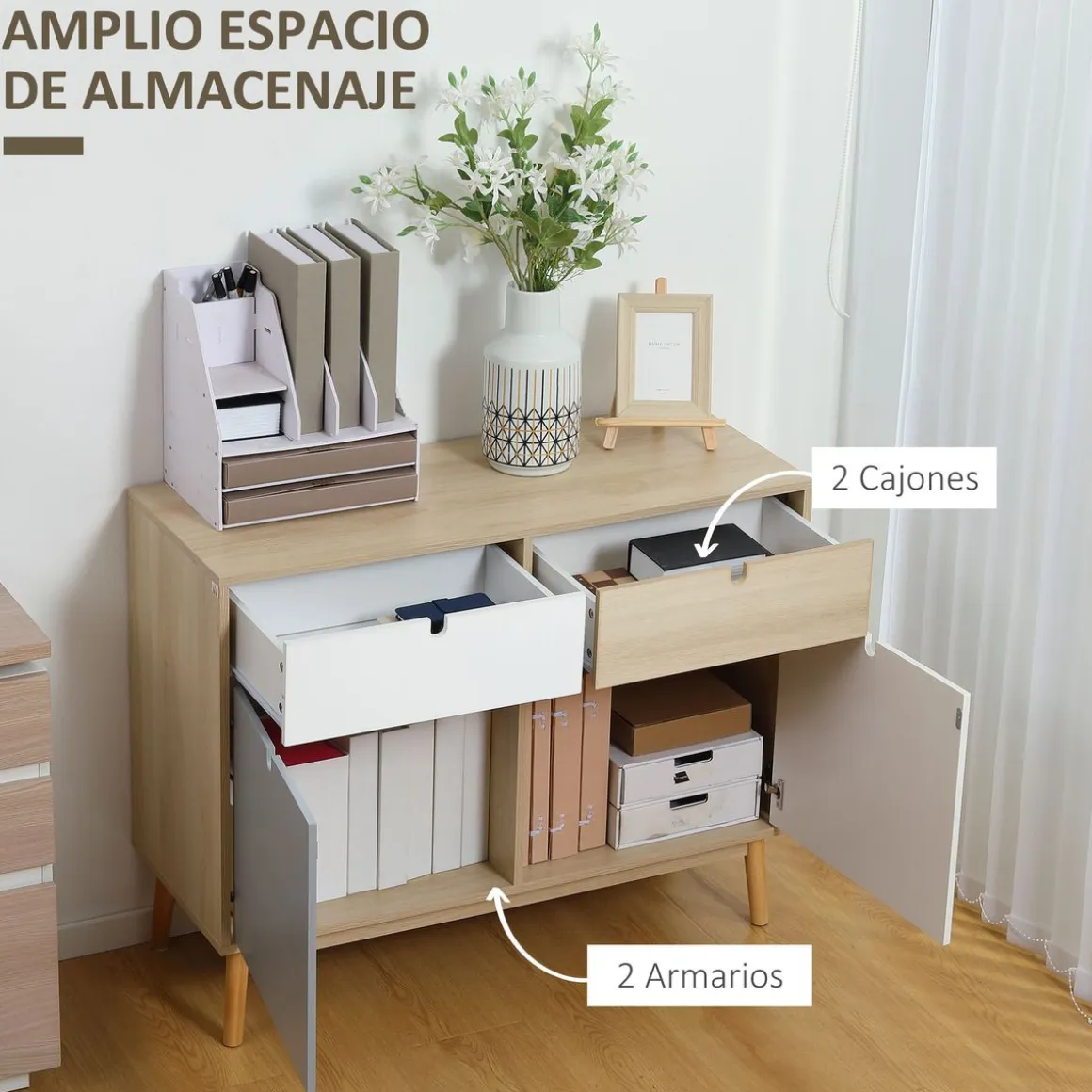 Aparador Nature Homcom 2 armarios + 2 cajones multicolor 79,5x100x40 cm