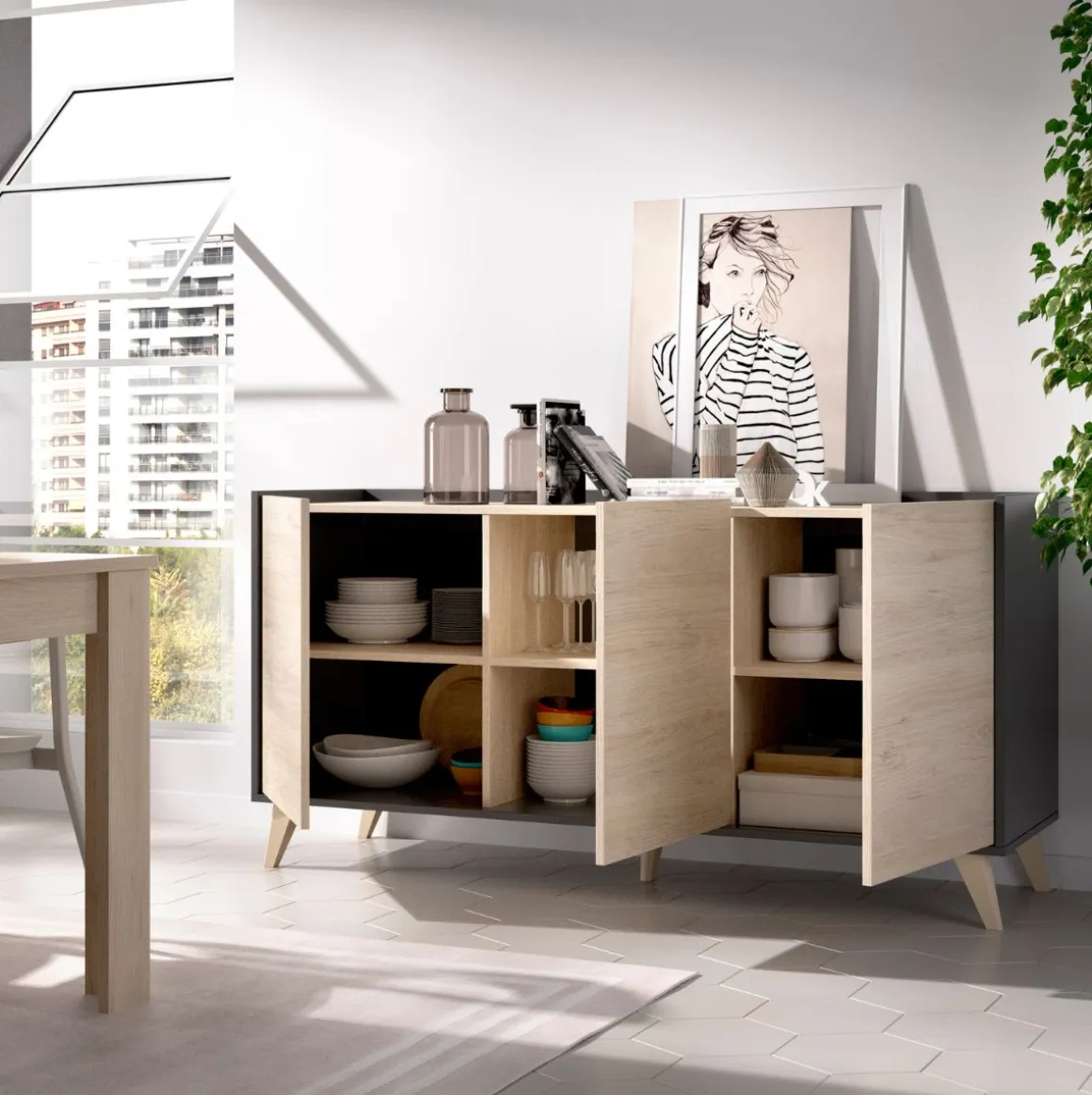 Aparador Ness con 3 puerta 75x155x43 cm