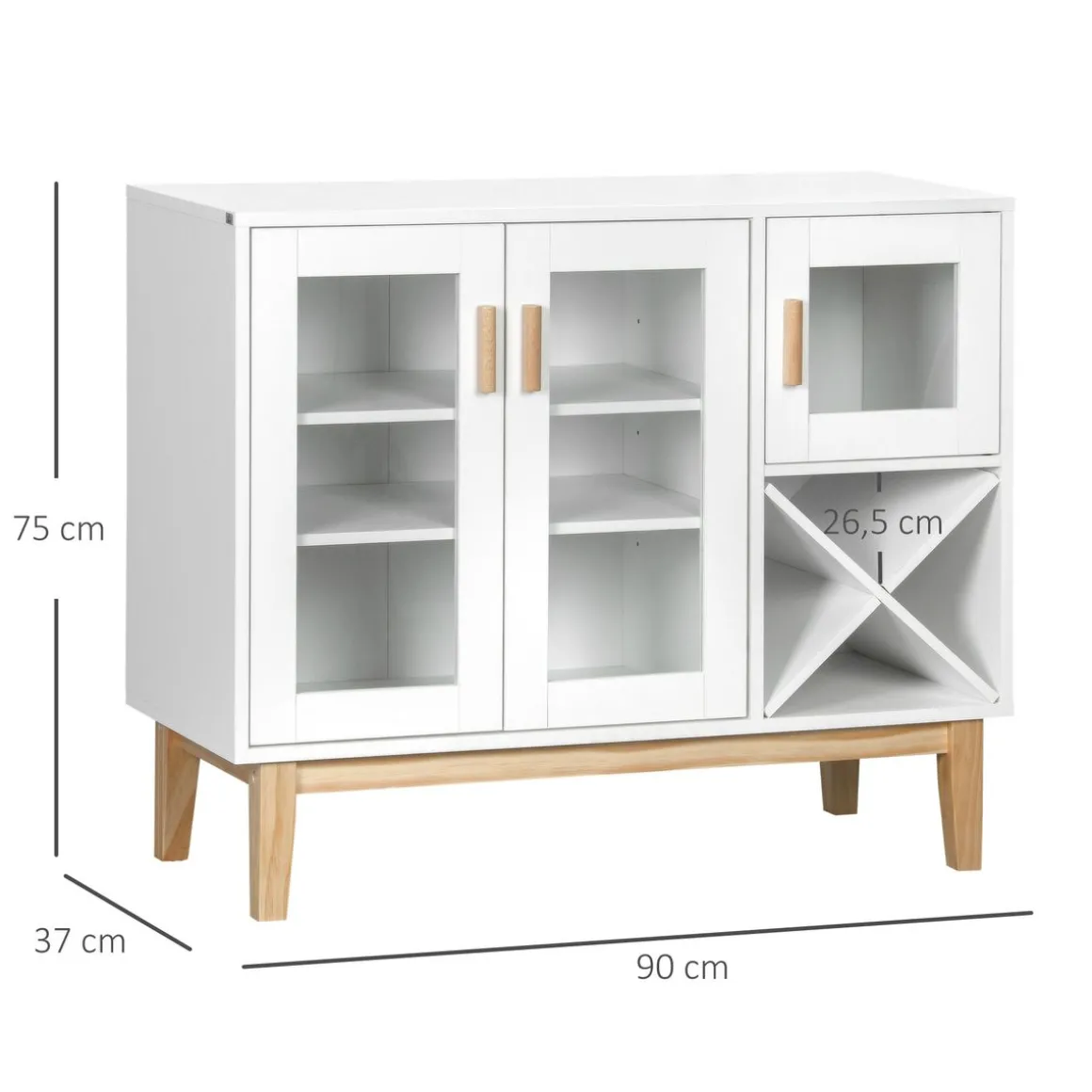 Aparador Nórdica Homcom 3 puertas + botellero blanco 75x90x37 cm