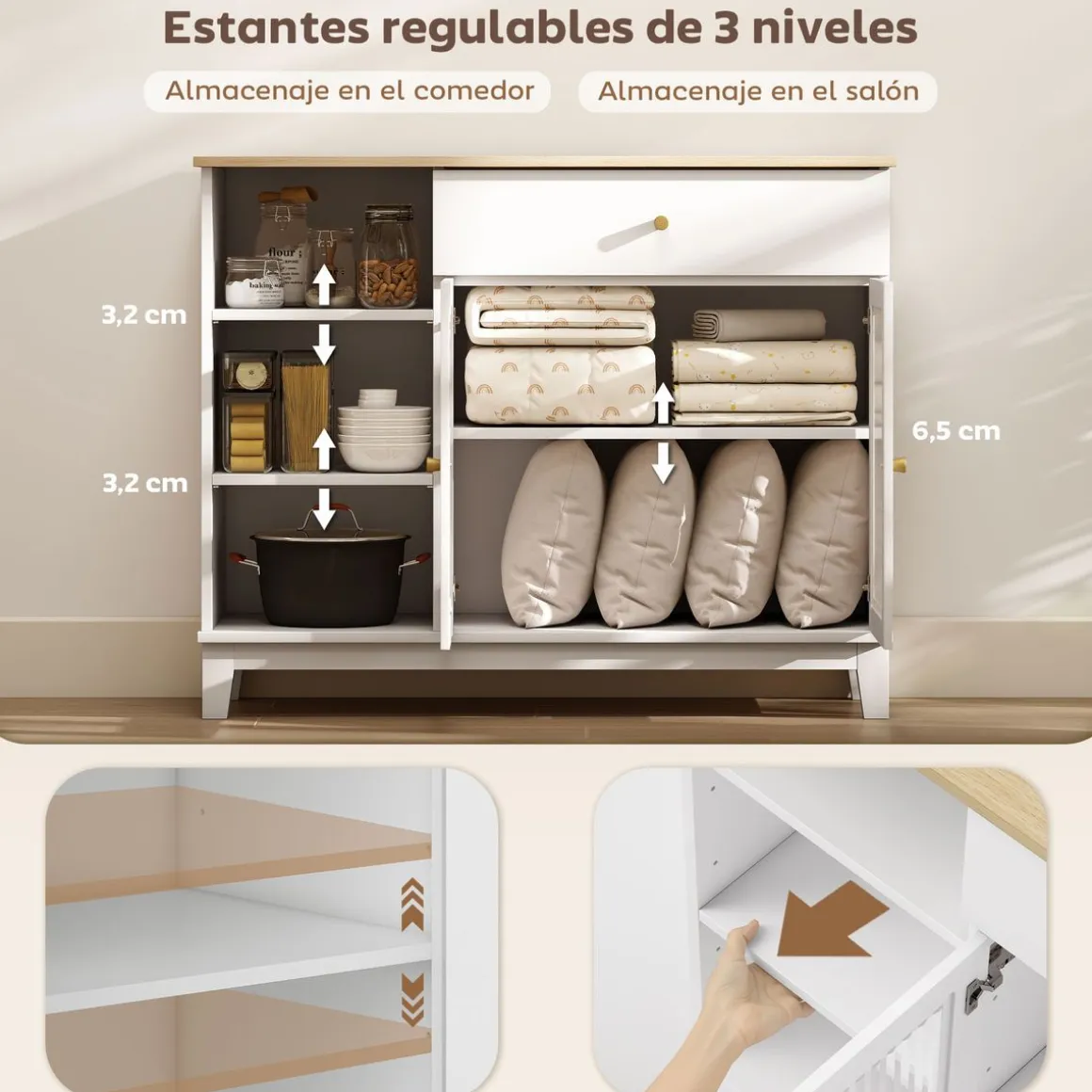 Aparador Nuvem Homcom 2 puertas con cajón y 2 estantes blanco 80,3x100x35 cm