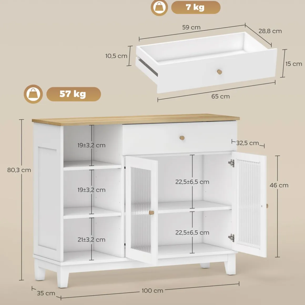Aparador Nuvem Homcom 2 puertas con cajón y 2 estantes blanco 80,3x100x35 cm