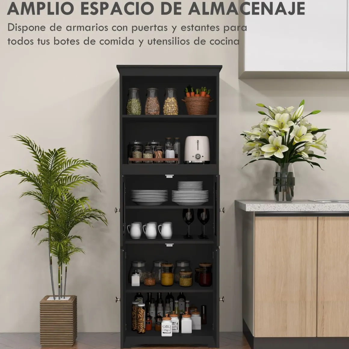 Aparador Pirita Homcom 2 armarios + compartimentos negro 162x60x30 cm