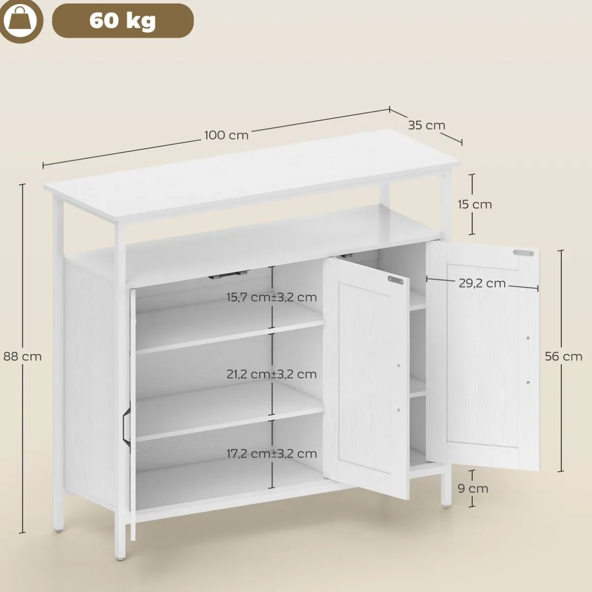 Aparador Polaris Homcom 3 puertas con estante blanco 88x100x35 cm