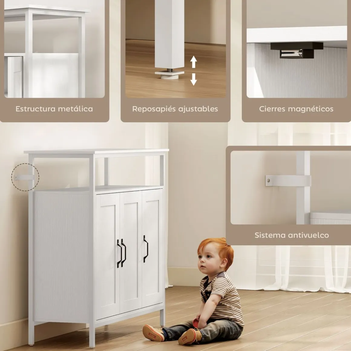Aparador Polaris Homcom 3 puertas con estante blanco 88x100x35 cm