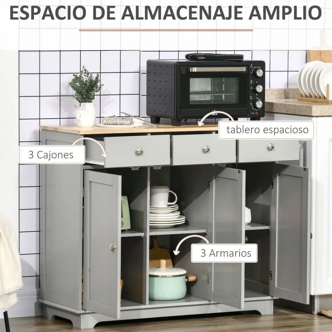 Aparador Refugio Homcom 3 puertas con 3 cajones gris 85x101x40 cm