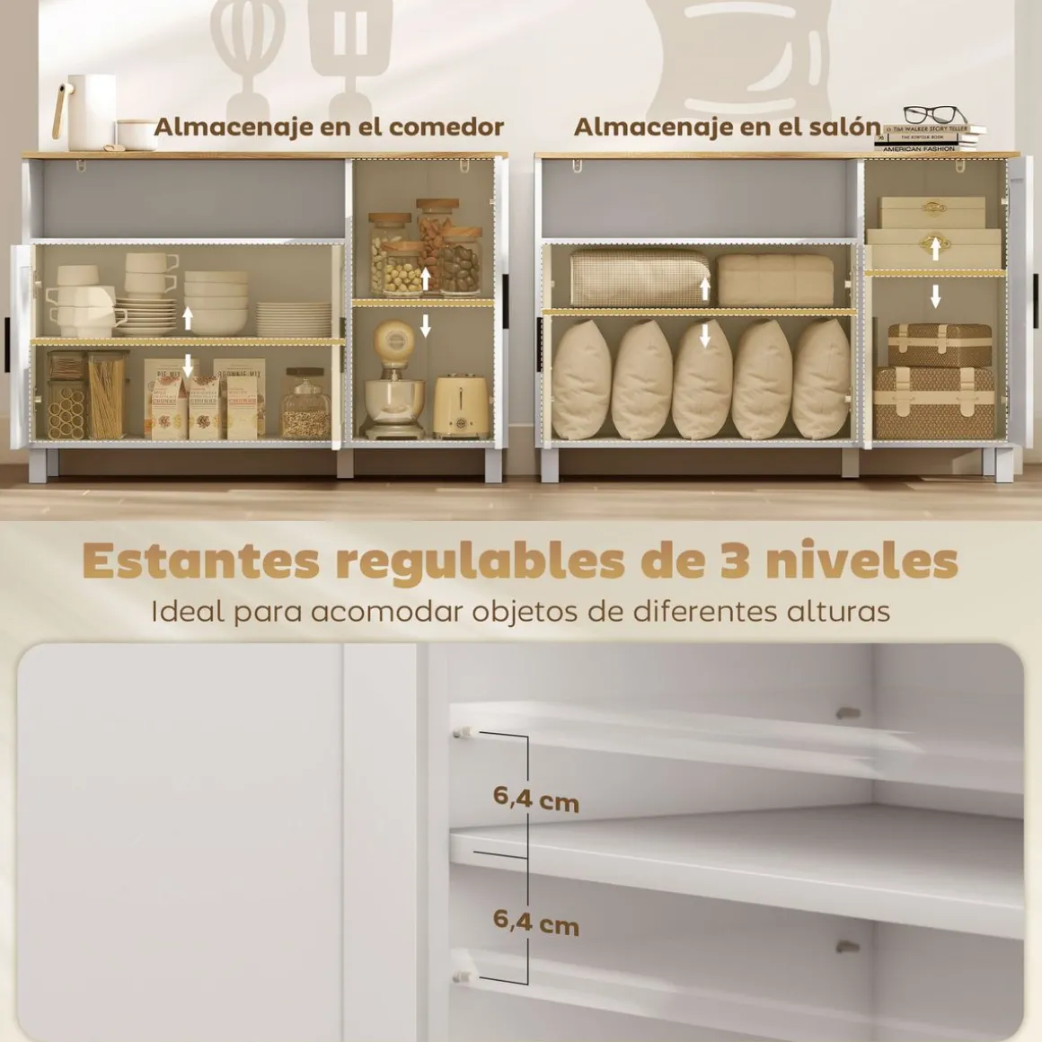 Aparador Rema Homcom 3 puertas con compartimento blanco 75x110x33 cm