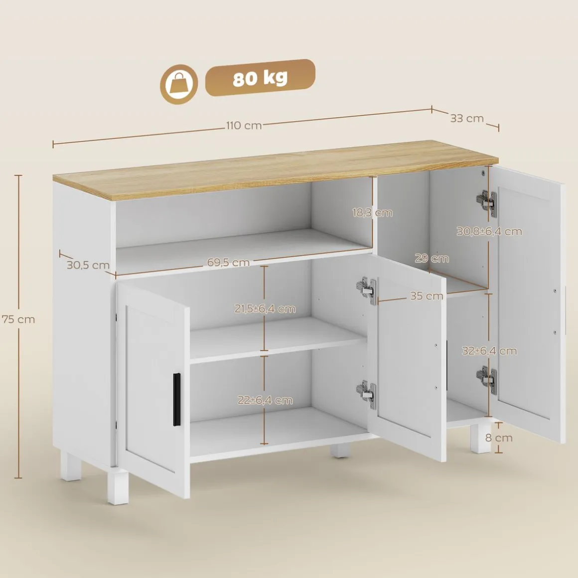Aparador Rema Homcom 3 puertas con compartimento blanco 75x110x33 cm